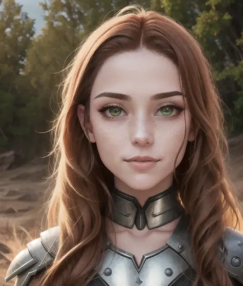 (Cinematic Photo:1.3) of (Realistic:1.3),(Amusing:1.3) soft light and backlight] with [Canon EOS R5 50mm lens, F/2.8] [Ultra Realistic] [RAW color] (best quality:1.3) of single young [battle sister] [warhammer 40k] [adepta sororitas]. Wearing [polished metal armor] [slim skinny figure], [narrow hips], [smooth, glossy skin]. She has [ginger hair:1.5] that falls past her shoulders, framing her [heart-shaped] face. Her [emerald eyes], with [long, full eyelashes] [black eyeliner] and [black eyeshadow] that add to her feminine charm. Her [face] is delicately proportioned with [dense freckles], with a [small nose] and [high cheekbones]. Her [lips] are [full], often slightly parted in a [seductive pout]. Her [skin] is [smooth and even-toned], with a natural [glow] that suggests good health and vitality. Strive for a lifelike, [full body], [real picture, intricate details], [raytracing], [uhd body], [realistic] image that portrays her [photo-realistic] natural beauty from [head to toe]. Background of [desolate wasteland] and [burning sky],Highly Detailed,naturalism,land Art,regionalism,shutterstock contest winner,trending on unsplash,featured on Flickr