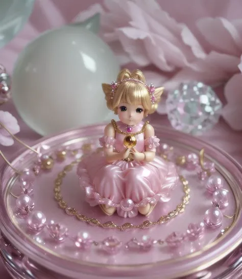 Kawaii, doll fairy miniature, gold, Miniature Core, Miniature World, realistic, pink, Opalescent, ball crystal, intimate portrait composition, Leica 50mm, f1. 4,Highly Detailed,(Low Contrast:1.3) , golden , mirror, table