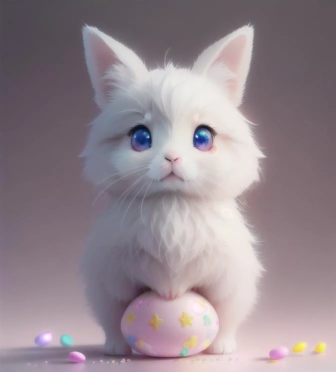 Beautiful animal little bunny with dreamy eyes, volumetric light, hyper realistic, intricate detail, illustration, painting, watercolor, kawaii chibi, eating easter egg, Aww!, Shallow depth of field, pastel color palette, Soft Lighting, Minimalistic, Modern, Digital painting, art by lois van baarle and ross tran and artgerm, Trending on Artstation HQ, highly detailed