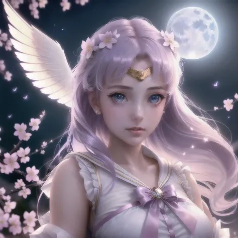 (Cinematic Photo:1.3) of 1girl, eternal sailor moon, night sky, cherry blossoms, detailed face, face focus, shiny skin, game cg, night sky, moonlight, moon, (wings 1.5), white gloves, magical girl, background, HD. Photography (masterpiece:1.2, best quality), ultra detailed, Ultra-precise depiction, Ultra-detailed depiction,,Highly Detailed