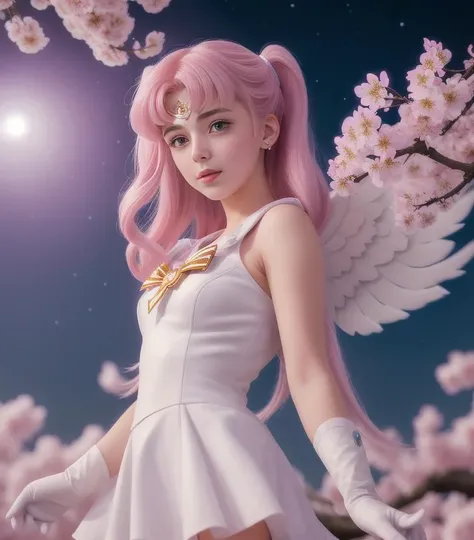 (Cinematic Photo:1.3) of 1girl, eternal sailor moon, night sky, cherry blossoms, detailed face, face focus, shiny skin, game cg, night sky, moonlight, moon, (wings 1.5), white gloves, magical girl, background, HD. Photography (masterpiece:1.2, best quality), ultra detailed, Ultra-precise depiction, Ultra-detailed depiction,,Highly Detailed