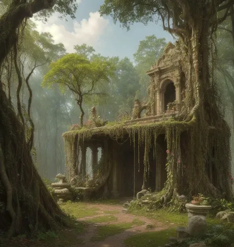 (Cinematic Photo:1.3) of (Realistic:1.3),(Evil:1.3) (Cinematic Photo:1.3) of ancient marble altar in fairy forest, random beautiful jungle, knotted roots, vibrant colors, gnarled trees, fractal lush vegetation, natural sunlight, intricate details, many mess tiny colorful flowers, (oversaturate:1.2), by Jean-Baptiste Monge, Gilles Beloeil, Tyler Edlin, Marek Okon, Pixar, album art, comic style, golden ratio, perfect composition, a masterpiece, trending on artstation,Highly Detailed,Highly Detailed,naturalism,land Art,regionalism,shutterstock contest winner,trending on unsplash,featured on Flickr