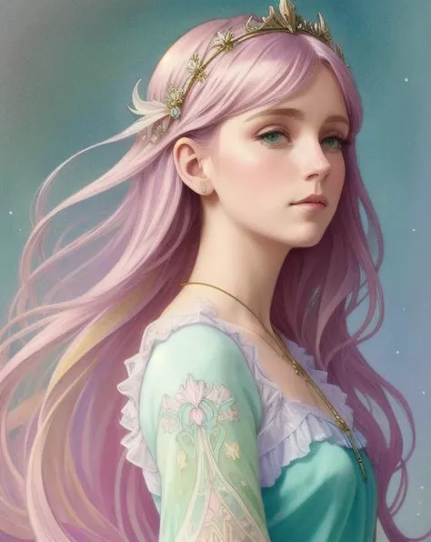 a woman, Pastel, Glitter, Dramatic, Dreamy, Pastel, Watercolor, Whimsical, Delicate, Seashell Crown, Trendy at Artstation, Highly Detailed, Intricate, Portrait, Digital Painting, Fantasy Themes, Fantasy Dress , fantasy concept art, fantasy character art, smug, teenage girl, perfect body, full body, calm, muted colors, soft lighting, organic shape, minimalist, art nouveau inspired, emma lindstrom and alphonse mucha, trending at artstation