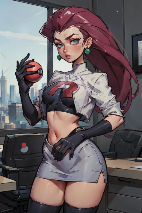 EPpkJessie, long purple hair, hair slicked back,earrings,blue eyes,team rocket uniform, white cropped jacket, black elbow gloves, navel, skirt, black thigh highs, looking at viewer, serious, standing, holding poke ball, inside office, window, cityscape, high quality, masterpiece <lora:EPpkJessie:.8>