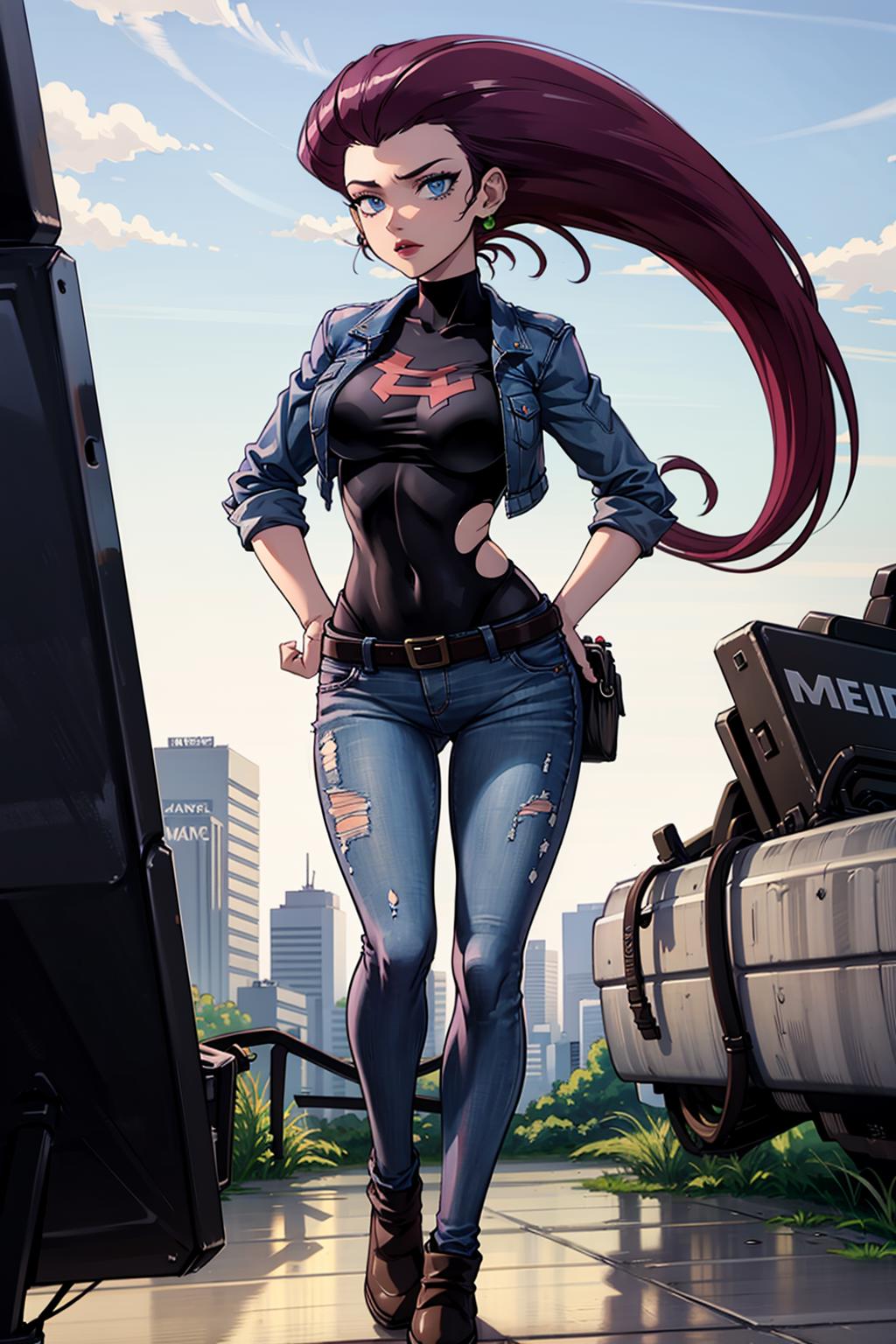 A woman with long red hair standing in front of a truck - SeaArt AI