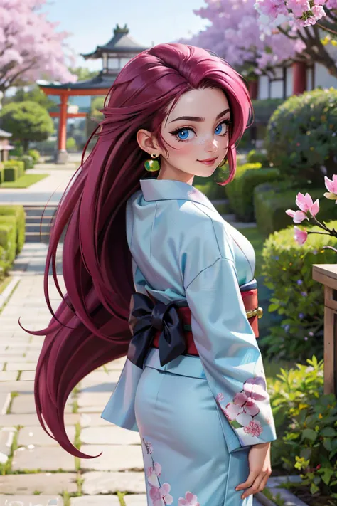 EPpkJessie, long purple hair, hair slicked back,earrings,blue eyes,traditional kimono, long sleeves, sash, looking at viewer, serious, smiling, standing, from_behind, cherry blossom, red torii, shade, garden, high quality, masterpiece <lora:EPpkJessie:.8>