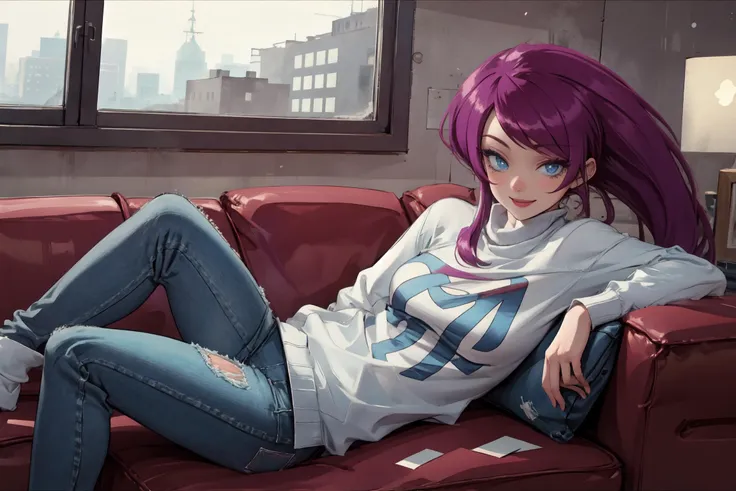 masterpiece, best quality, expressive eyes, absurdres, 1girl,  <lora:EPpkJessie:1.2> eppkjessie, blue eyes, purple hair, long hair, smiling, looking at viewer, sweater, jeans, laying on couch,