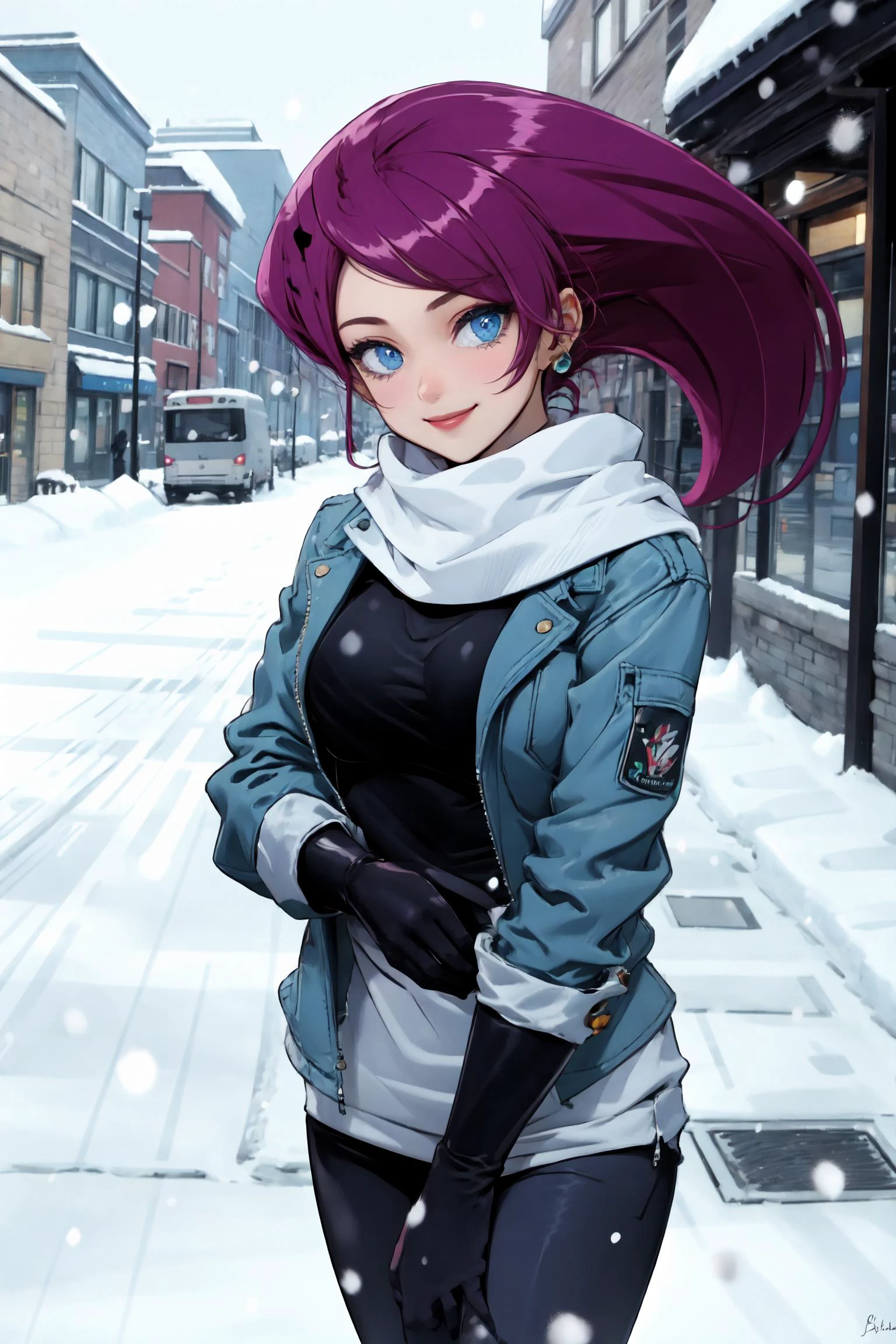 masterpiece, best quality, expressive eyes, absurdres, 1girl, <lora:EPpkJessie:1.3> eppkjessie, blue eyes, purple hair, long hair, smiling, looking at viewer, scarf, gloves, jacket, snowing, winter, breath,