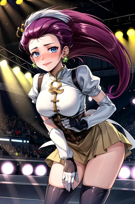 (masterpiece, best quality, detailed), 1girl, solo, looking at viewer, EPpkJessie, long hair, blue eyes, purple hair, hair slicked back, earrings, lipstick,
<lora:MadokaCostumePackV1_2:0.9>, mami outfit, stage, stage lights, spotlight, concert, audience, leaning forward, hanging breasts, smile, closed mouth, blush, wavy mouth, embarrassed