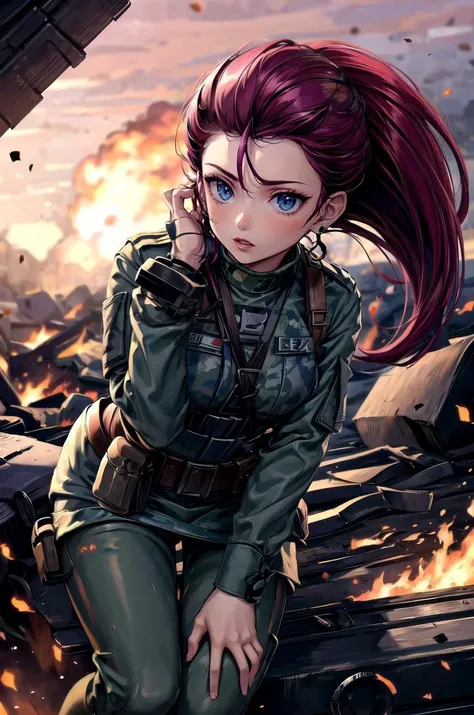 (masterpiece, best quality, detailed), 1girl, solo, looking at viewer, EPpkJessie, long hair, blue eyes, purple hair, hair slicked back, earrings, lipstick,
<lora:camouflage_uniform04:0.5>, wearing camouflage_uniform, world war ii, war, military vehicle, battlefield, battle, dust, smoke, burning, fire, red sky, explosion, dutch angle, leaning forward, adjusting hair, hand in own hair, hand on own thigh, from above, parted lips