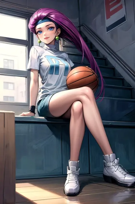 (masterpiece, best quality, detailed), 1girl, solo, looking at viewer, EPpkJessie, long hair, blue eyes, purple hair, hair slicked back, earrings, lipstick,
basketball jersey, shorts, sweatband, headband, wristband, basketball, stairs, indoors, stairwell, window, dark, night, shadow, sitting, crossed legs, closed mouth, light smile