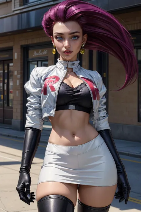 (ultra realistic,32k, masterpiece:1.2),(high detailed skin:1.1),( high quality:1.1),
<lora:EPpkJessie:0.8>EPpkJessie, long hair, blue eyes, purple hair, hair slicked back, white jacket, cropped jacket, earrings, elbow gloves, gloves, white jacket, jewelry, lipstick, makeup, navel, shirt, skirt, team rocket, team rocket uniform, thigh boots,(looking at viewer, standing, from below:1.1),, huge breast,large breast,<lora:add_detail:0.78>,
(lighting:1.1),