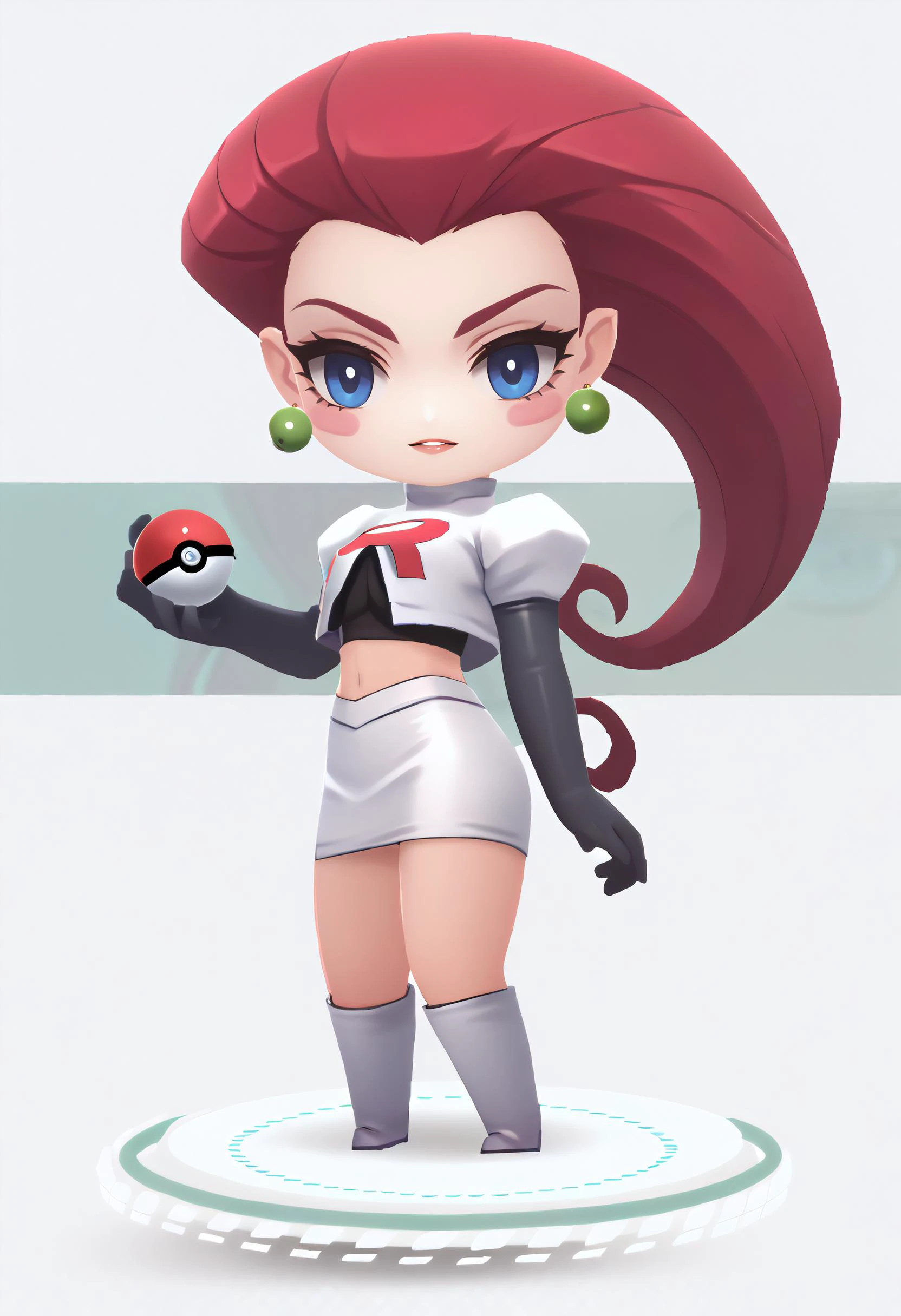 score_9, score_8_up, score_7_up, score_6_up BREAK 1girl,solo, chibi, standing, full body,EPpkJessie,hair slicked back, red hair,thighboots,white skirt,white cropped jacket,elbow gloves,team rocket, pokeball <lora:EPpkJessiePony:0.8> <lora:chibi-nikke-richy-v1_pdxl:1>