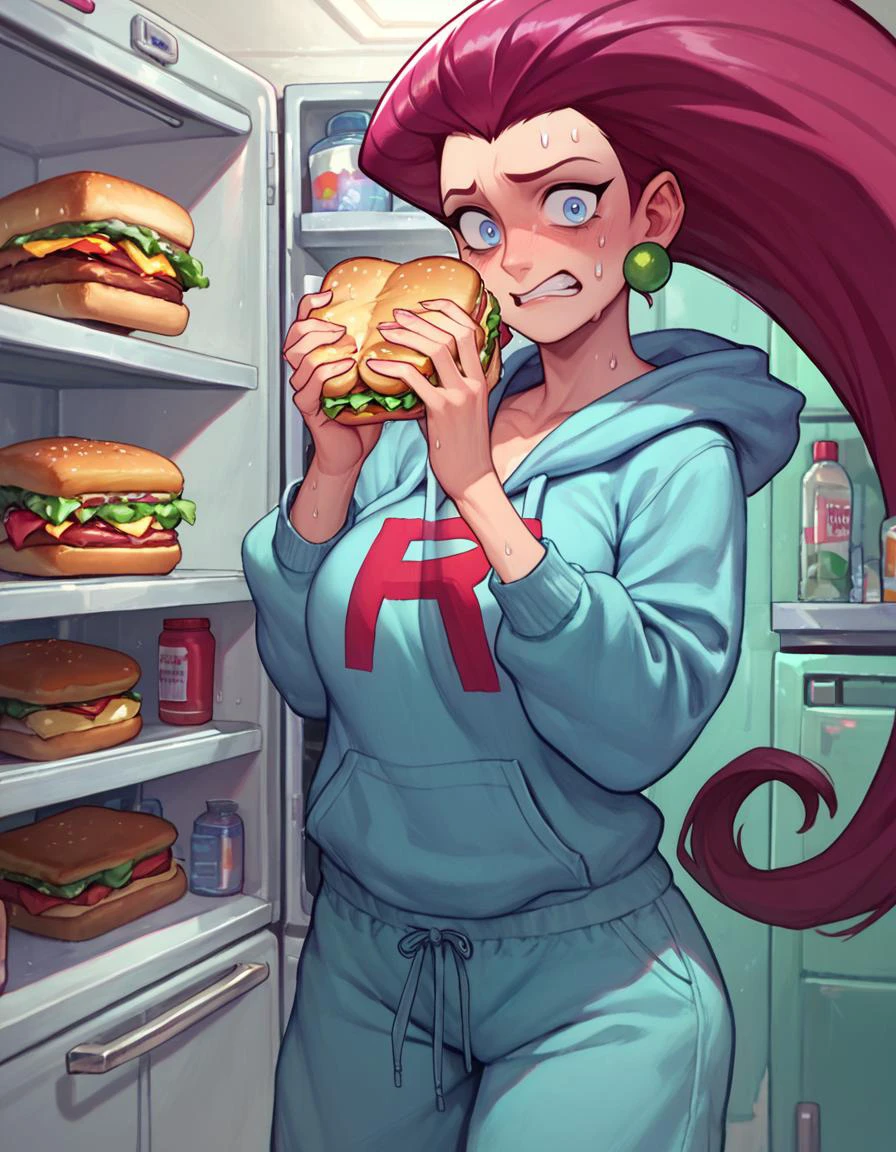 zPDXL, score_9, score_8_up, score_7_up, <lora:EPpkJessiePony:1>,eppkjessie, hoodie, large breasts, baggy pants, holding sandwich, looking at viewer, nervous sweating, open refrigerator, surprised, sweating,