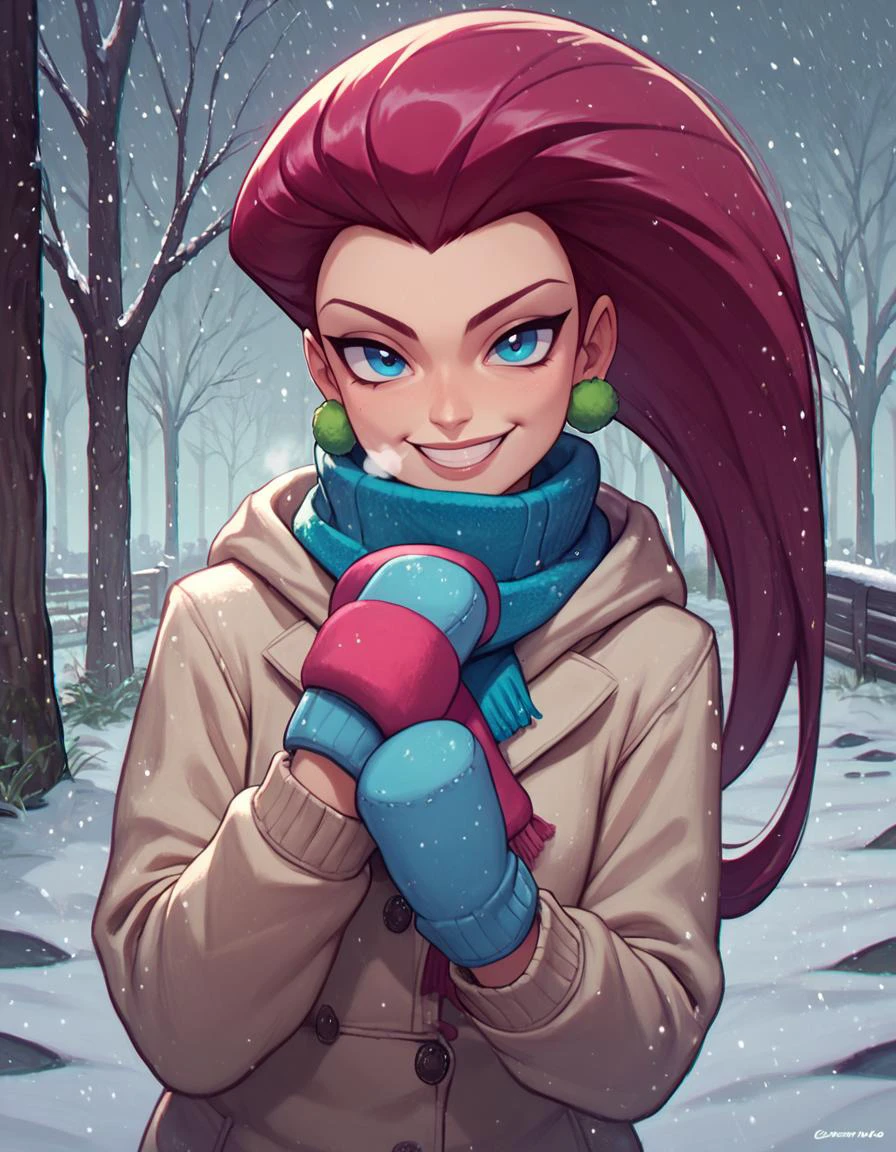 zPDXL, score_9, score_8_up, score_7_up, <lora:EPpkJessiePony:1>, eppkjessie, sweater, mittens, scarf, hoodie, snowing, outside, looking at viewer, breath, smiling,