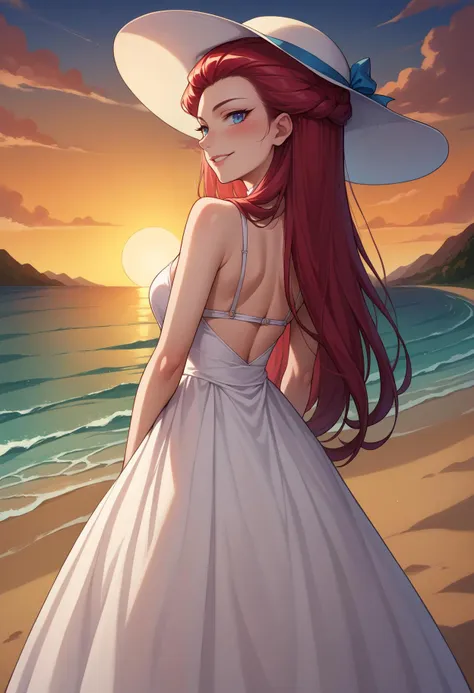 score_9,score_8_up,score_7_up,score_6_up, source_anime, 1girl, solo, <lora:EPpkJessiePony-05:1.0>, EPpkJessie, long hair, blue eyes, red hair, hair slicked back, smile, from behind, white dress, looking back, blush, arms behind back, bare shoulders, female focus, looking at viewer, hat, back, dress, sundress, outdoors, sun hat, sky, sunset, ocean, reflective water,