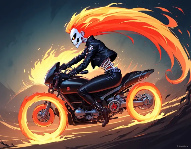 zPDXL, score_9, score_8_up, score_7_up, <lora:EPpkJessiePony:1>, ((skeletal)), eppkjessie, orange glowing eyes, fiery hair, black leather spiked jacket, black studded boots, black studded gloves, riding on
silver lowrider-motorcycle, in motion, racing past, from the side, fire trail, night, moonlight, volumetric lighting, ((skull face)), ((flaming wheels)), black leather pants, (ribs, bones),