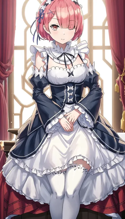 fullbody, 1girl,Ram_ReZero, <lora:Ram_ReZero:0.7>, highres, sharp focus, pixiv masterpiece, ((intricate details)), highly detailed,