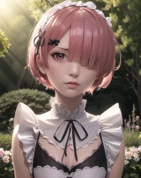 masterpiece, best quality, ultra-detailed, illustration, epic lighting, cinematic composition, colorful, sidelighting, lustrous skin, realistic, 3d face, (finely detailed beautiful eyes: 1.2), 1girl, Ram_ReZero,cute, small breasts, pink hair, short hair, (hair over one eye:1.3), eyes_visible_through_hair, red eyes:1.2, roswaal_mansion_maid_uniform, annoyed, angry, disgusted, standing, from the side, close-up, fantasy, summer, sakura trees, sakura leaves, garden, sunlight, peaceful, serenity, (8k:1.1), <lora:ramREZero_v11:0.5>