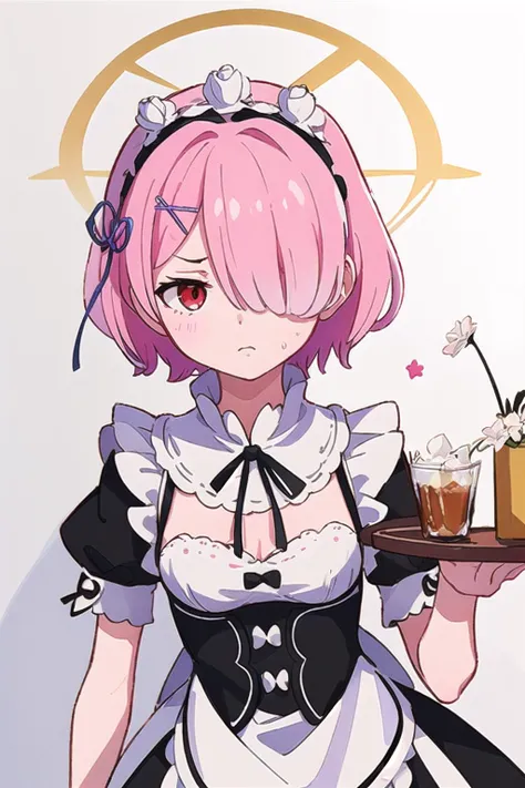 ((best quality)), ((masterpiece)), illustration, (detailed), <lora:Ram_ReZero_v1_2:1> 1girl, ram_rezero, cute, chibi, piercing gaze, pink hair:1.1, short hair, (hair over one eye:1.3), red eyes:1.2, roswaal mansion maid uniform, apron, (white pantyhose:1.2), looking at viewer, upper body, angry, annoyed, glaring, mansion, (high-resolution:1.2), <lora:korukoruno:1>
