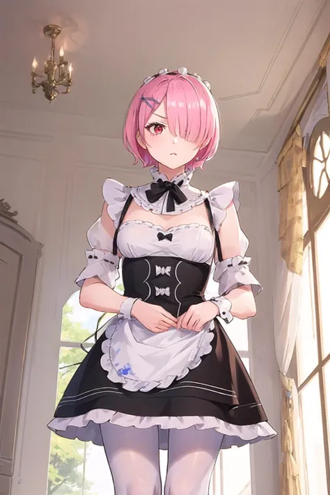 ((best quality)), ((masterpiece)), illustration, (detailed), <lora:Ram_ReZero_v1_2:1> 1girl, ram_rezero, cute, chibi, piercing gaze, pink hair:1.1, short hair, (hair over one eye:1.3), red eyes:1.2, roswaal mansion maid uniform, apron, (white pantyhose:1.2), looking at viewer, upper body, from below, angry, annoyed, glaring, mansion, (high-resolution:1.2)