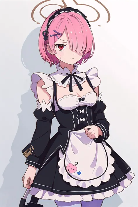 ((best quality)), ((masterpiece)), illustration, (detailed), <lora:Ram_ReZero_v1_2:1> 1girl, ram_rezero, cute, chibi, piercing gaze, pink hair:1.1, short hair, (hair over one eye:1.3), red eyes:1.2, roswaal mansion maid uniform, apron, (white pantyhose:1.2), looking at viewer, upper body, angry, annoyed, disgusted, glaring, mansion, (high-resolution:1.2), <lora:korukoruno:1>