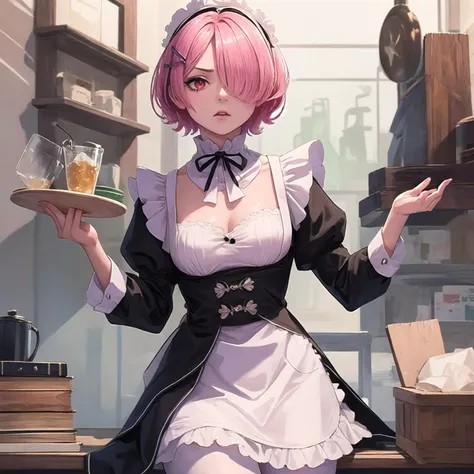 masterpiece, best quality, ultra-detailed, illustration, epic lighting, cinematic composition, <lora:Ram_ReZero_v1_2:0.8> 1girl, ram_rezero, cute, chibi, piercing gaze, pink hair:1.1, short hair, (hair over one eye:1.3), red eyes:1.2, roswaal mansion maid uniform, apron, (white pantyhose:1.2), looking at viewer, upper body, angry, annoyed, disgusted, glaring, simple background, (8k:1.1), <lora:korukoruno:0.5>
