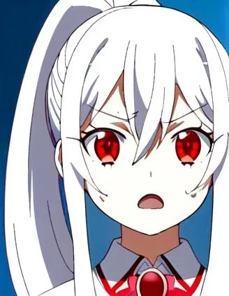 Irisphilia, 1girl, solo, long hair, looking at viewer, open mouth, shirt, red eyes, hair between eyes, ponytail, white hair, collared shirt, sweatdrop, brooch, portrait, <lora:Irisphilia:0.7>