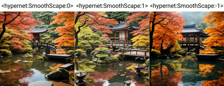 <hypernet:SmoothScape:0> A serene Japanese garden in autumn, with a small wooden bridge over a koi pond, surrounded by fiery maple trees, and a traditional tea house in the background