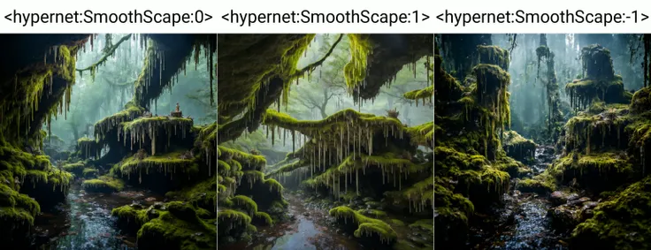 <hypernet:SmoothScape:0> A mossy cave with stalactites and stalagmites, lit by a faint glow