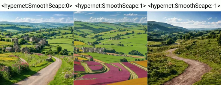 <hypernet:SmoothScape:0> A rolling countryside with patchwork fields, stone walls, and a quaint village in the distance