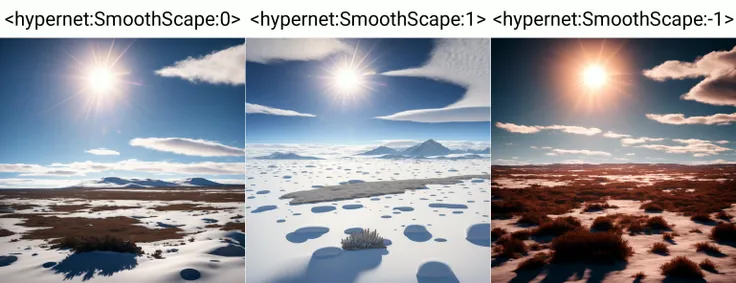 <hypernet:SmoothScape:0> A desolate tundra at midday, the sun shining harshly on the snow-covered landscape