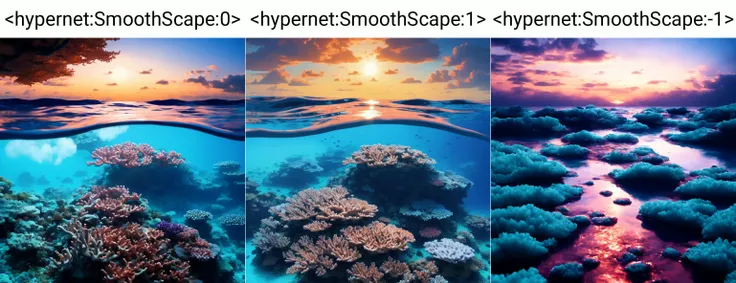 <hypernet:SmoothScape:0> A serene coral reef, with the water turning a deep blue as the sun sets