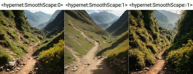 <hypernet:SmoothScape:0> An old dirt path leading up a mountainside at noon, the valley below bathed in a soft light