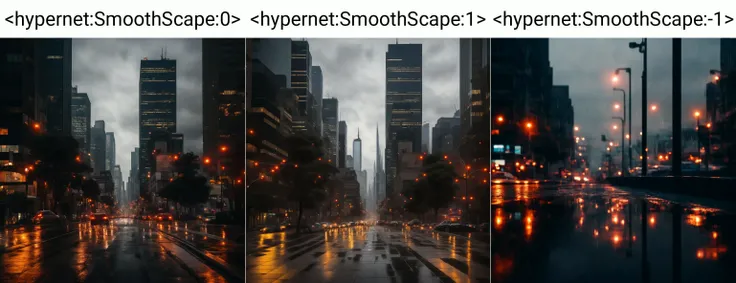 <hypernet:SmoothScape:0> A cityscape under a drizzle at dusk, the city lights starting to twinkle under the gray skies