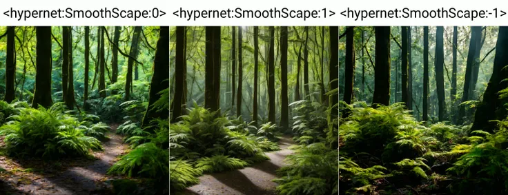 <hypernet:SmoothScape:0> A sunlit glade in a dense forest, with ferns and a carpet of moss
