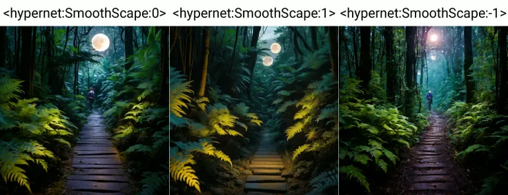 <hypernet:SmoothScape:0> A narrow trail through a dense fern forest at midnight, the path lit by the soft glow of the moon