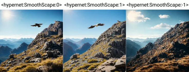 <hypernet:SmoothScape:0> A rugged mountain landscape with rocky cliffs, sparse vegetation, and an eagle soaring high above against a clear, blue sky