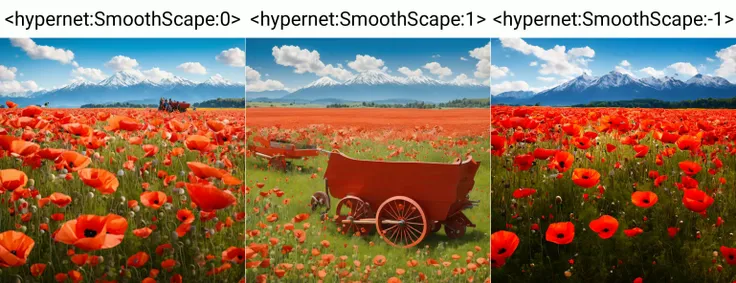 <hypernet:SmoothScape:0> A peaceful poppy field with vibrant flowers, a wooden cart, and a distant mountain range