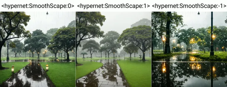 <hypernet:SmoothScape:0> A city park under a drizzle, the raindrops glistening on the leaves and grass