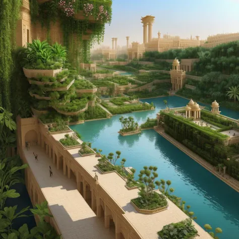 <hypernet:SmoothScape:1> The Hanging Gardens of Babylon, with lush greenery, terraced gardens, and the Euphrates River flowing in the distance