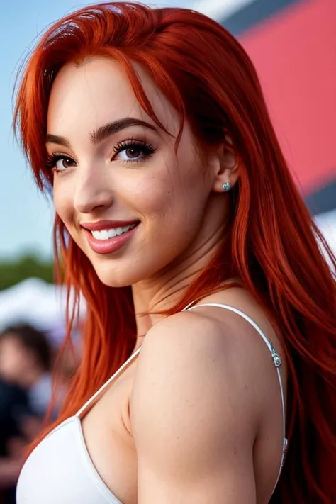 extreme close up portrait photo of missbriso, beautiful  redheaded woman, dressed as Super-Girl, smiling, posing for a picture, power pose, at Comicon,(masterpiece) (best quality) (detailed) (8k) (HDR) (wallpaper) (cinematic lighting) (sharp focus) (intricate)