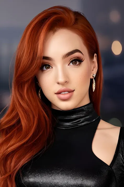 photo of beautiful (missbriso:0.99), a redheaded woman as a movie star, (turtleneck top), (long trousers), at a movie premiere gala, dark moody ambience (masterpiece:1.2) (photorealistic:1.2) (bokeh) (best quality) (detailed skin:1.2) (intricate details) (nighttime) (8k) (HDR) (cinematic lighting) (sharp focus), (looking at the camera:1.1), (closeup portrait:1.1), (grin512:.2), (earrings)