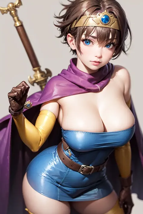 (masterpiece, best quality:1.1), (sheathed weapon on back:1.2), roto (dq3), 1girl, solo, short hair, brown hair, blue eyes, circlet, large breasts, cleavage, strapless, blue dress, purple cape, thighhighs, elbow gloves, boots, belt, scabbard,, knee boots, simple background, <lora:DQ3ROTO-000010:0.7>
