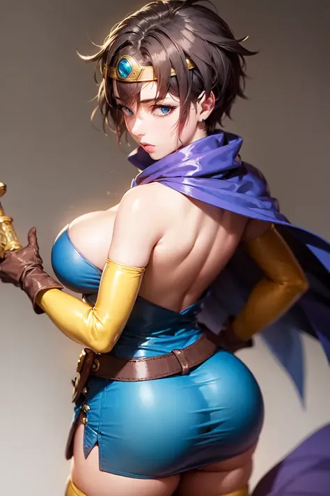 (masterpiece, best quality:1.1), (sheathed weapon on back:1.2), roto (dq3), 1girl, solo, short hair, brown hair, blue eyes, circlet, large breasts, cleavage, strapless, blue dress, purple cape, thighhighs, elbow gloves, boots, belt, scabbard,, knee boots, simple background, <lora:DQ3ROTO-000010:0.7>