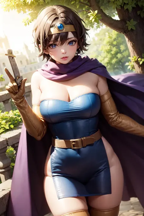 (masterpiece, best quality:1.1), (sheathed weapon on back:1.2), roto (dq3), 1girl, solo, short hair, brown hair, blue eyes, circlet, large breasts, cleavage, strapless, blue dress, purple cape, thighhighs, elbow gloves, boots, belt, scabbard,, knee boots, nature <lora:DQ3ROTO-000010:0.7>
