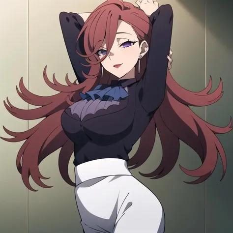 <lora:YokoInari-07:0.9>, (extremely detailed:1.3),(highly detailed:1.2),(best quality:1.2),(masterpiece:1.2), YokoInari, 1girl, solo, long hair, large breasts, purple eyes, red hair, skirt, jewelry, shirt, earrings, high heels, ascot, makeup, white footwear, white skirt, lipstick, purple shirt, cleavage cutout, arms behind head, arms up, half-closed eyes, <lyco:GoodHands-beta2 (1):1.0>, nice hands, perfect hands