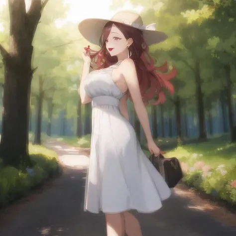 (extremely detailed:1.3),(highly detailed:1.2),(best quality:1.2),(masterpiece:1.2), <lora:YokoInari:0.65>, YokoInari, 1girl, solo,long hair, large breasts, purple eyes, red hair, jewelry, earrings, makeup, red lipstick, red nails, white Sun dress, white dress, forest, trail, outdoors, trees, sunlight through trees, flowers, walking, sun hat, full body shot, <lyco:GoodHands-beta2 (1):1.0>, nice hands, perfect hands