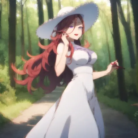(extremely detailed:1.3),(highly detailed:1.2),(best quality:1.2),(masterpiece:1.2),  <lora:YokoInari:0.65>, YokoInari, 1girl, solo,long hair, large breasts, purple eyes, red hair, jewelry, earrings, makeup, red lipstick, red nails, white Sun dress, white dress, forest, trail, outdoors, trees, sunlight through trees, flowers, walking, sun hat, full body shot, <lyco:GoodHands-beta2 (1):1.0>, nice hands, perfect hands