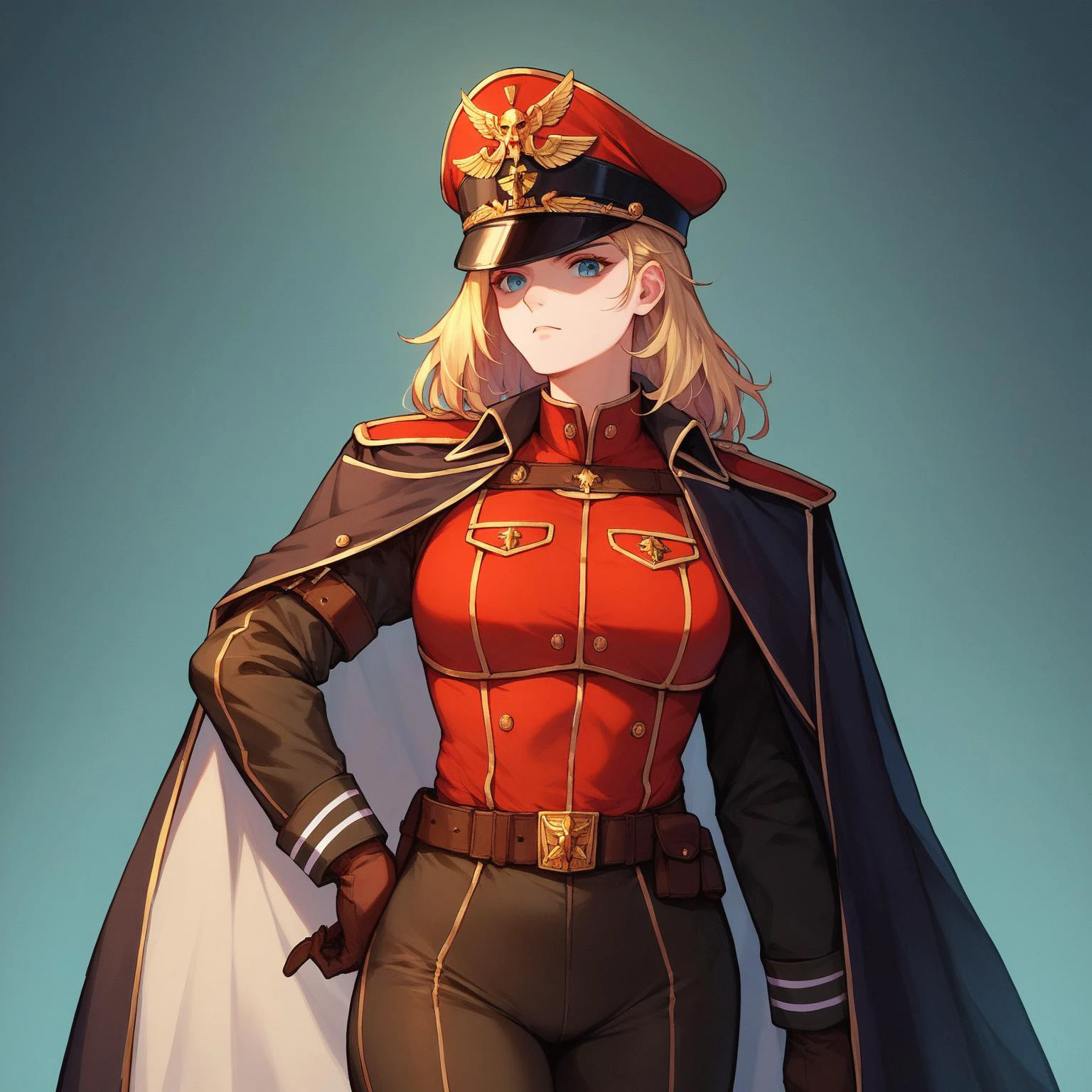 score_9, score_8_up, score_7_up, score_6_up, score_5_up, score_4_up, 1girl, solo, astra militarum, commissar hat, black cape, breast plate, seals, belt, tight pants, leather boots, red attire, black attire, standing, long shot, dark background, black background, rim lighting, posing for picture, sword sheathed, looking at viewer, <lora:astra_militarum_xl_v1:1.5>